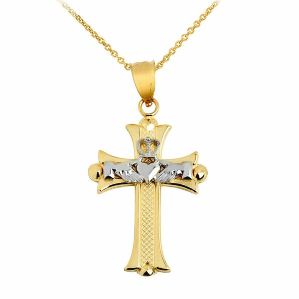 10k Solid Two Tone Gold Claddagh Cross Pendant Necklace 16" 18" 20" 22"