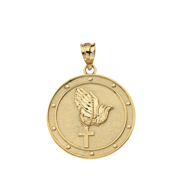 14k Solid Gold Father Prayer Hands Holding Rosary Medallion Pendant Necklace