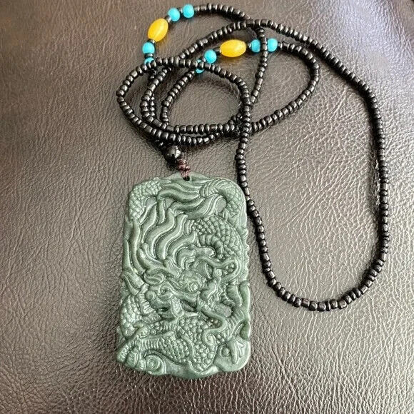 Large Nephrite Jade Carving Dragon Pendant Necklace Men