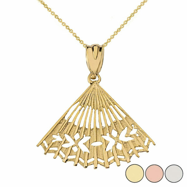 10k Yellow Gold Cut Out Japanese Handheld Folding Hand Fan Pendant Necklace
