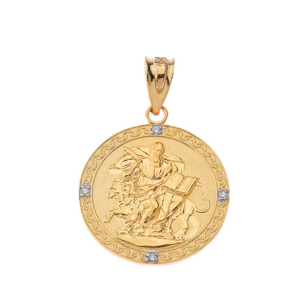 10k Solid Gold Saint Mark Round Diamond Pendant Necklace