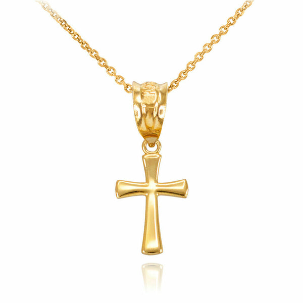 10K Yellow Gold Round Mini Small Cross Pendant Necklace 16" 18" 20" 22"