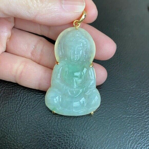 14K Solid Gold Natural Jadeite Jade Kwan Yin Lady Buddha Pendant Transparent