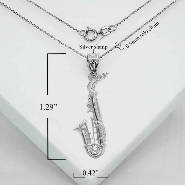 925 Sterling Silver Saxophone Charm Pendant Necklace 16",18", 20", 22"