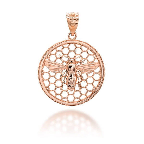 14K Solid Gold Queen Bee Honey Comb Pendant Necklace - Yellow, Rose, or White