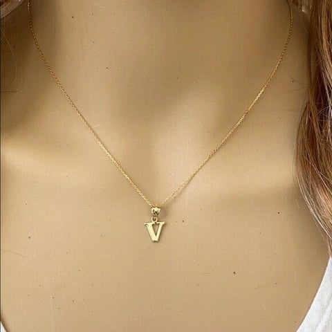 10k Solid Yellow Gold Small Mini Initial Letter V Pendant Necklace