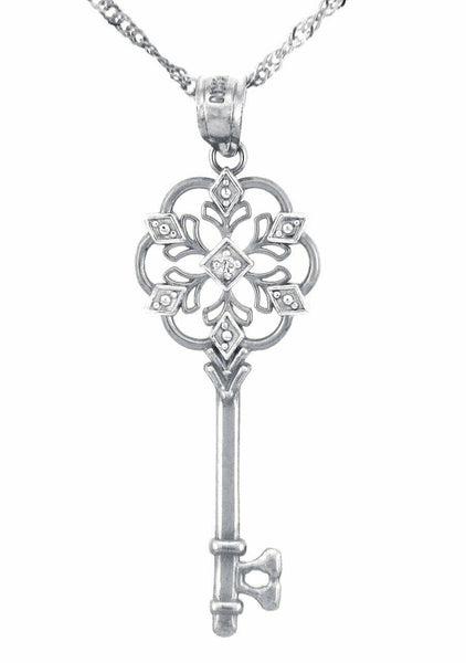 10k White Gold Valentines Heart Round Diamond Accent Charm Key Pendant Necklace