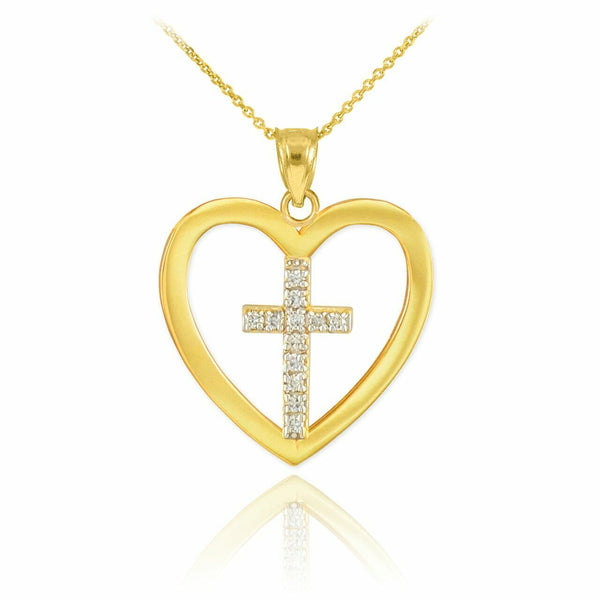 10k Solid Yellow Gold Open Heart 12 Diamonds Cross Enclosure Pendant Necklace
