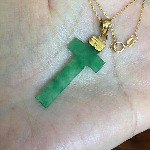 14K Solid Gold Green Jade Cross Pendant /Charm Dainty Necklace