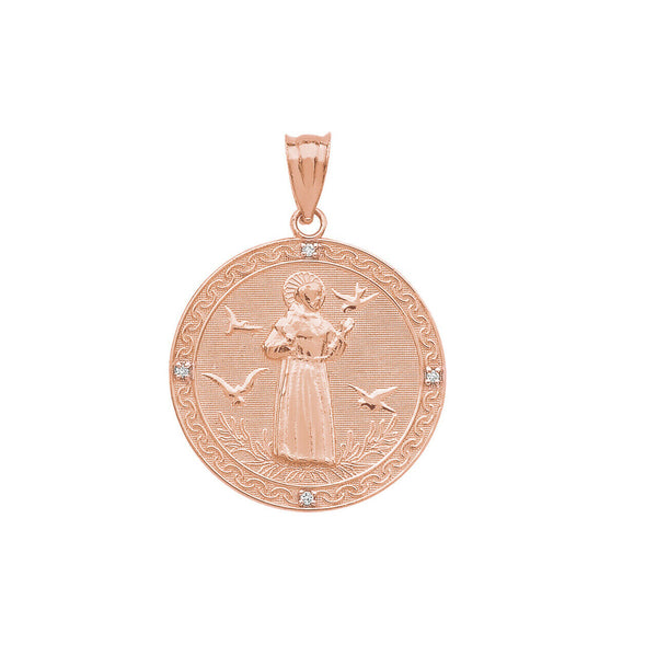 14K Solid Gold St Francis of Assisi Circle Medallion Diamond Pendant Necklace