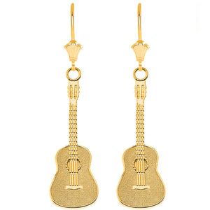 14k Yellow Gold Musical Acoustic Band Guitar Leverback Earrings