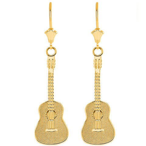 14k Yellow Gold Musical Acoustic Band Guitar Leverback Earrings