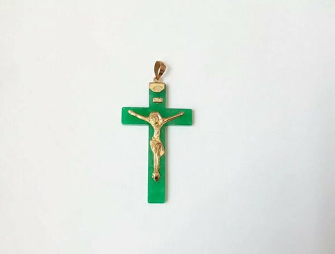 14K Yellow Gold Jesus Crucifix Green Cross Religious Pendant - PP6