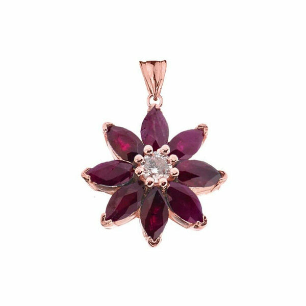 Solid 10k Rose Gold Genuine Ruby and Diamond Daisy Pendant Necklace