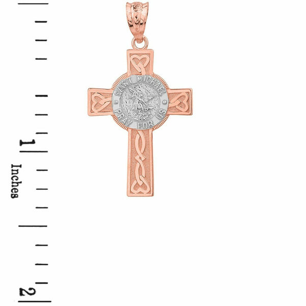 10k Two Tone Gold St. Michael Pray For Us Celtic Heart Cross Pendant Necklace