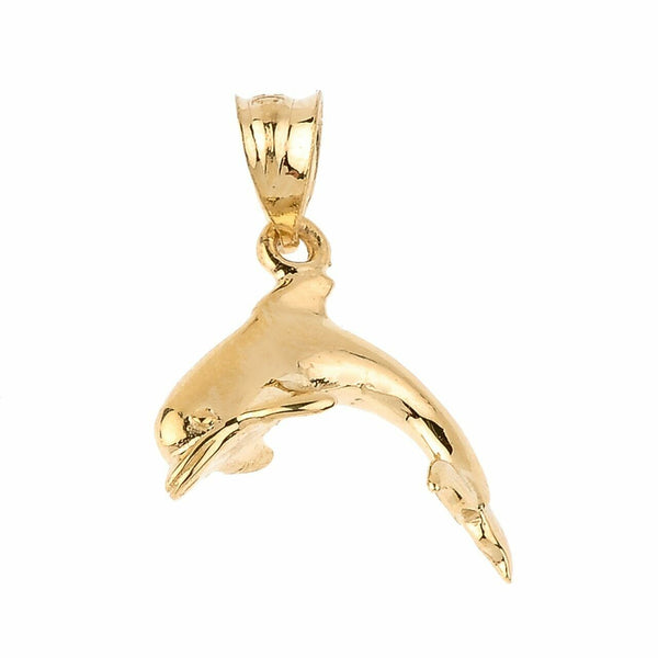 14k Solid Yellow Gold Shinning Dolphin Pendant Necklace