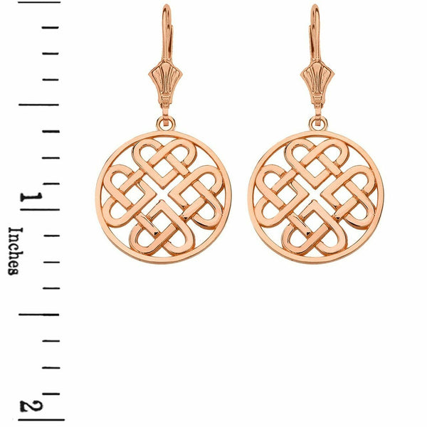 10k Real Rose Gold Woven Celtic Hearts Circle Drop Earrings Set - Small
