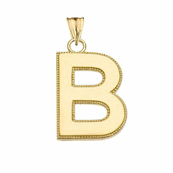 10k Solid Yellow Gold Small Milgrain Initial Letter B Pendant Necklace