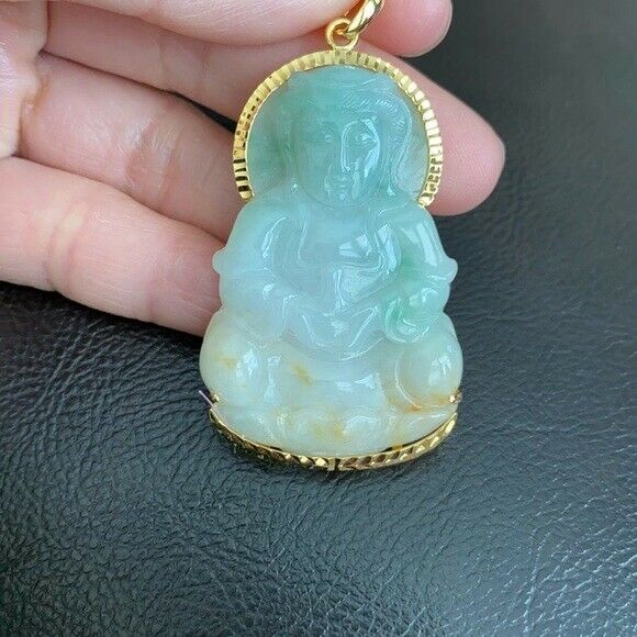 14K Solid Real Gold Natural Jadeite Jade A Kwan Yin Lady Buddha Pendant