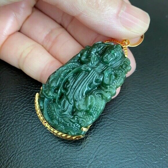 14k Solid Gold Natural Jadeite Jade Kwan Quan Yin Green Female Buddha Pendant