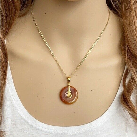 14K Solid Real Gold Red Jade Happiness Chinese Japanese Kanji Symbol Pendant