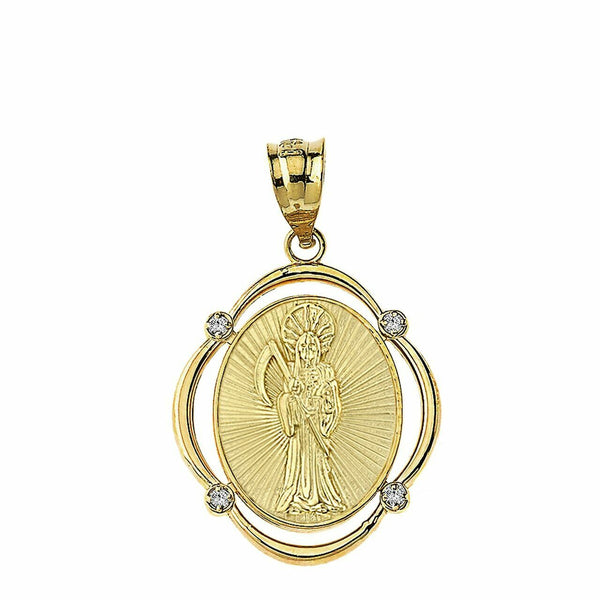 Solid 14k Yellow Gold Gold Santa Muerte Diamond Oval Frame Pendant Necklace