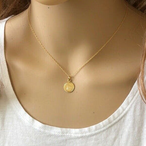 14K Solid Gold Small Disk Engraved Goat Pendant Dainty Necklace 16"-18"