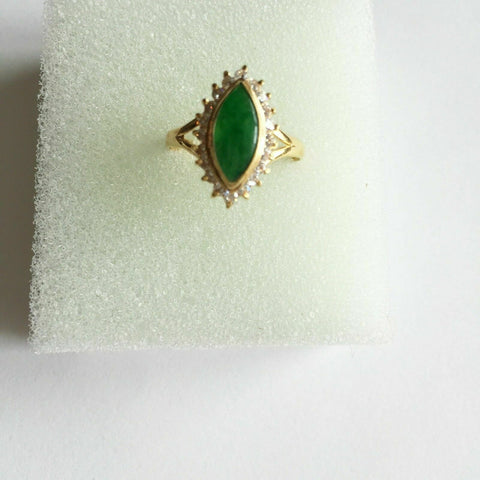 14K Solid Yellow Gold Marquise Green Jade Women CZ Ring Size 6