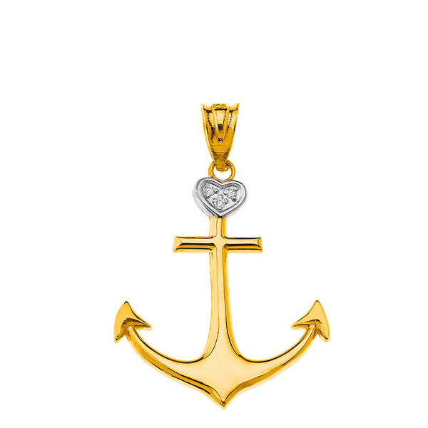 10K Solid Yellow Gold Nautical Ship Boat Anchor Diamond Heart Pendant Necklace