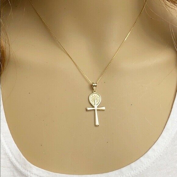 10K Real White Gold Ankh Cross Tree of Life Pendant Necklace