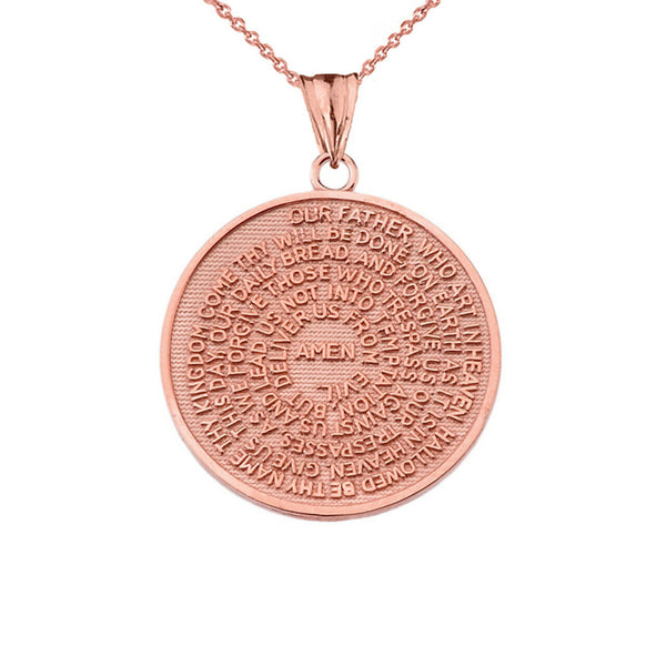 14k Solid Rose Gold The Lord's Prayer Medallion Pendant Necklace