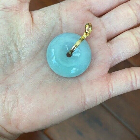 14K Solid Fine Real Yellow Gold Round Donut Natural Jadeite Jade Pendant