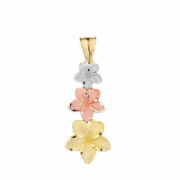 14K Tri-color Gold Elegan 3 Plumeria Flowers Joy Love Spiritual Pendant Necklace