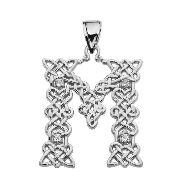 Sterling Silver CZ Celtic Knot Pattern Initial Letter M Pendant Charm Necklace