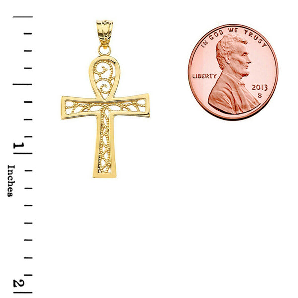 10k Solid Gold Filigree Ankh Cross Pendant Necklace