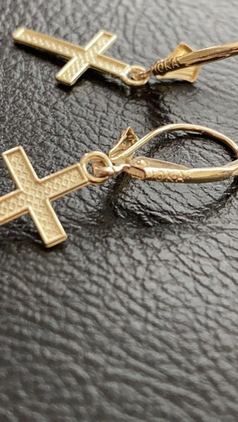 10k Yellow Gold Swirl Twirl Design Heart Cross Drop / Dangle Leverback Earrings
