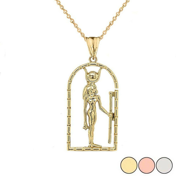 14K Solid Gold Hathor Egyptian God Pendant Necklace - Yellow, Rose, or White