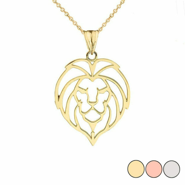 14K Solid Fine Yellow Gold Lion Head Cut Out Pendant Necklace