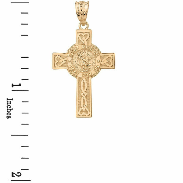 14k Solid Gold St. Saint Michael Pray For Us Celtic Heart Cross Pendant Necklace