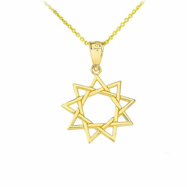 Solid 10k Yellow Gold 9 Star Baha'i Sun Openwork Pendant Necklace