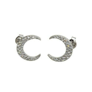 Sterling Silver 925 Rhodium Plated Crescent Moon Stud Earrings with CZ