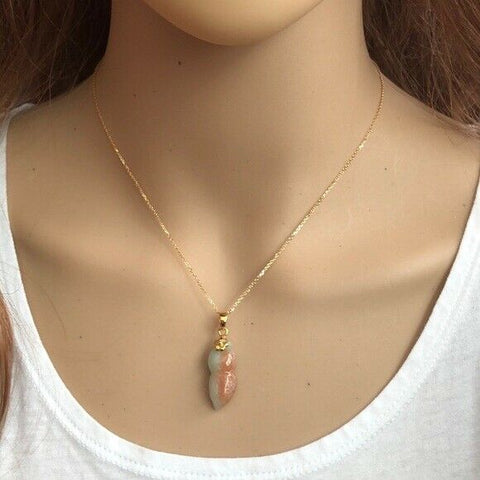 14K Solid Gold Peanut Natural Jade Pendant / Charm Dainty Adjustable Necklace