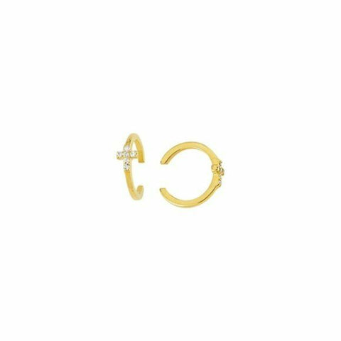 14K Solid Yellow Gold Diamond Cross Ear Cuff Earrings - Minimalist