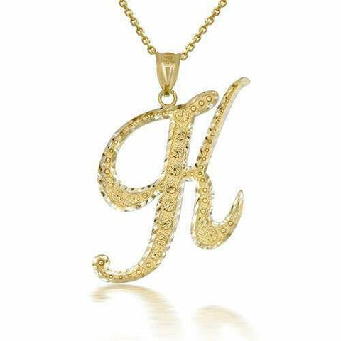 10k Solid Yellow Gold Cursive Initial Letter K Pendant Necklace
