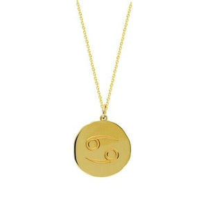 14K Solid Yellow Gold Organic Disk Engraved Cancer Zodiac Pendant Necklace