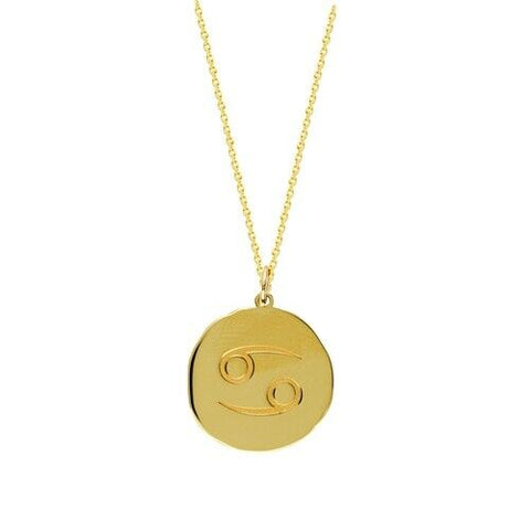 14K Solid Yellow Gold Organic Disk Engraved Cancer Zodiac Pendant Necklace