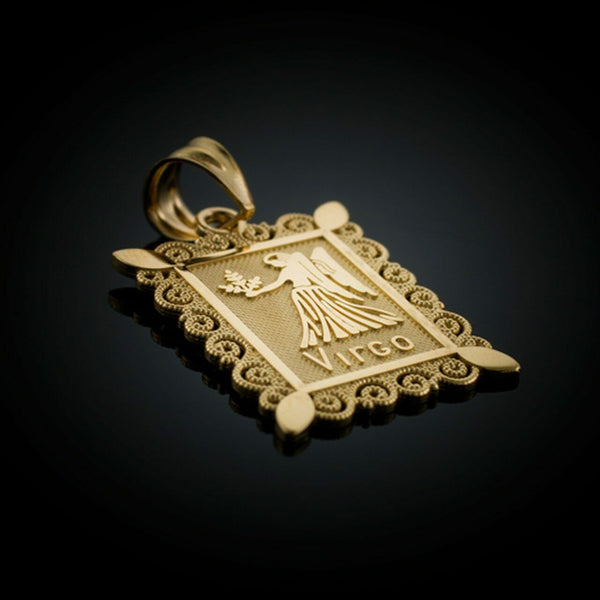 14k Solid Gold Virgo Zodiac Sign Filigree Rectangular Pendant Necklace
