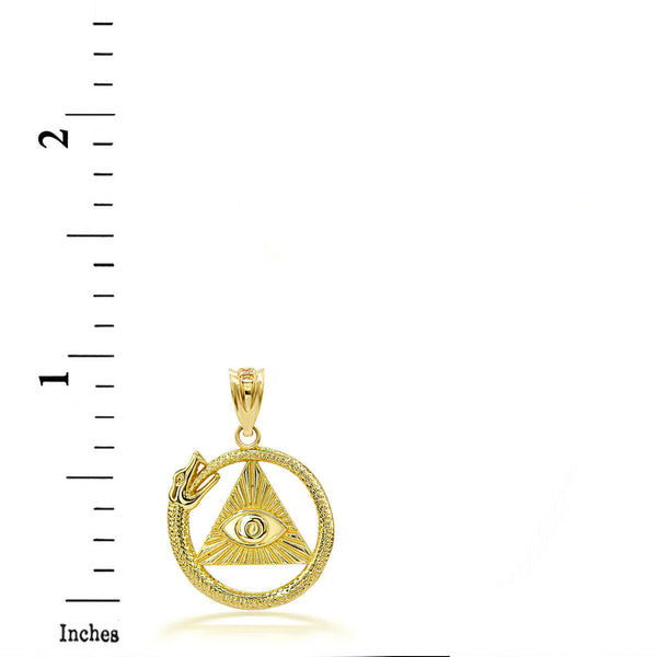 10K Solid Yellow Gold 3D Pyramid Eye of Horus Ouroboros Pendant Necklace