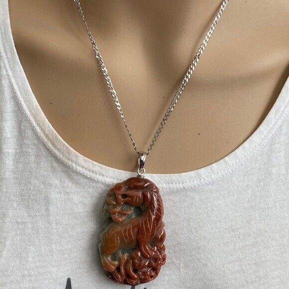 925 Sterling Silver Carving Roaring Tiger Heavy Red Jade Pendant Necklace Men