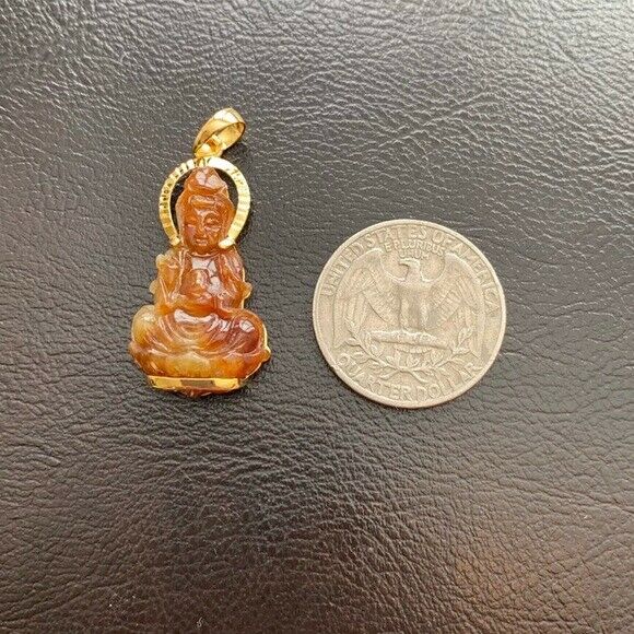 14K Solid Fine Real Yellow Gold Kwan yin Quan Buddha Red Jade Pendant Female